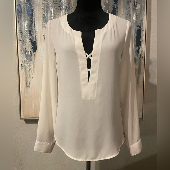 Express Off White Sheer Long Sleeve Low Cut Blouse Size Small - Picture 5 of 6